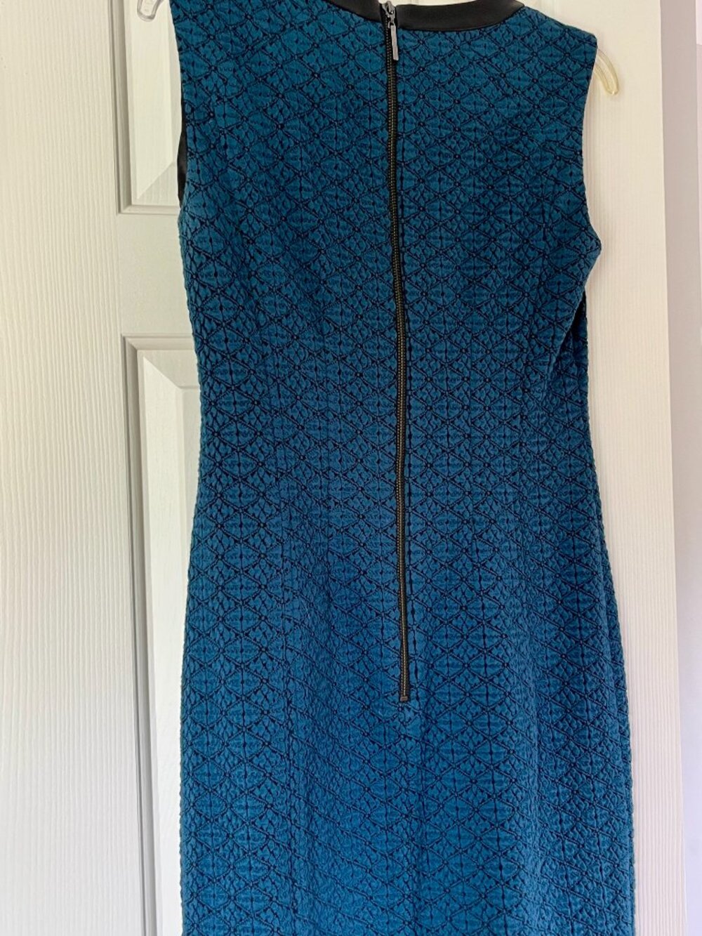 Nanette Lepore Teal & Black Jacquard Sheath Dress with Leather Collar (US 4) - Picture 3 of 3